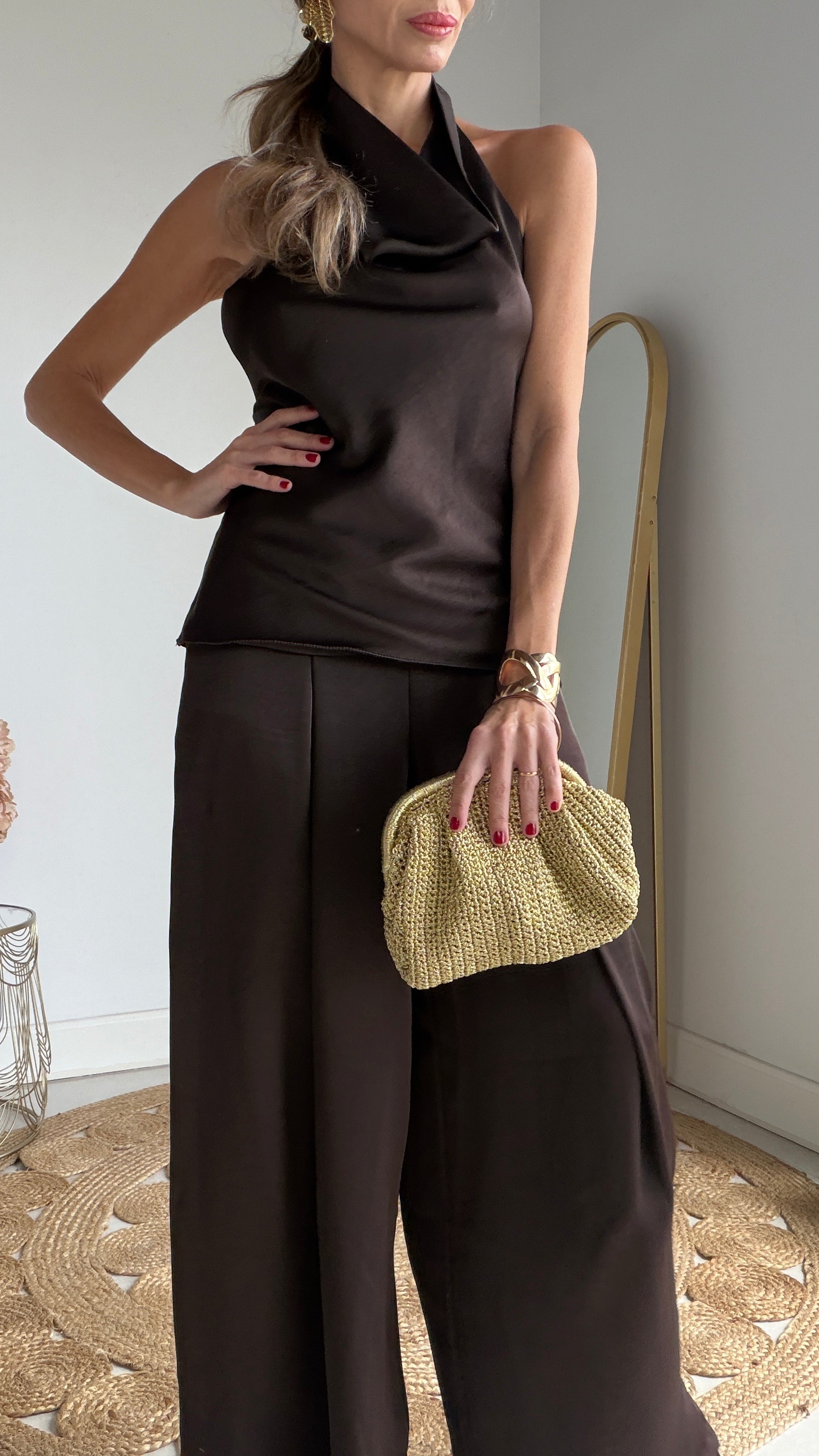 Bolso rafia metálico oro